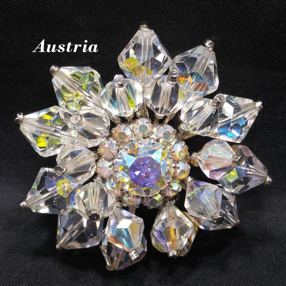 Vintage Austria Swarovski Crystal AB Flower Brooch 1960s Rhinestone
